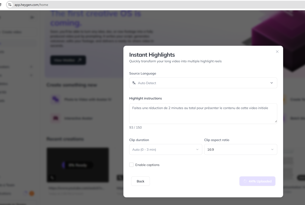 Fonction Instant Highlights de HeyGen