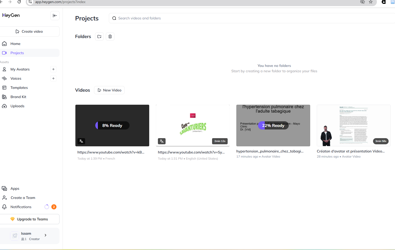 Interface HeyGen avec projets médicaux